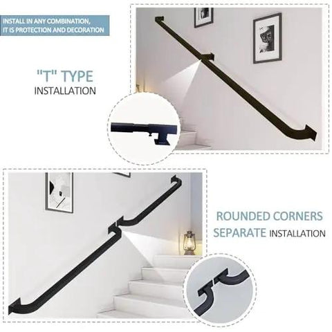 Premium Black Metal Stair Handrail With Heavy Duty Wrought Iron Brackets For Indoor And Outdoor Use Rock Solid Safety Railing with T and rounded corner installation.