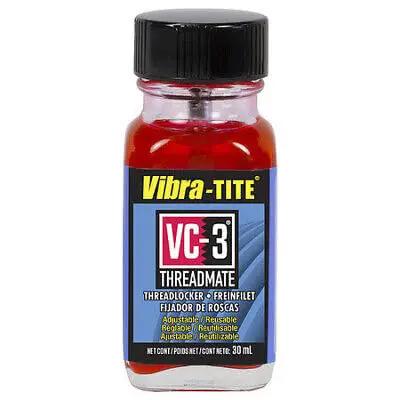 Vibra-TITE VC-3 Threadmate red threadlocker bottle, 30 ml with black screw cap, for adjustable and reusable applications.