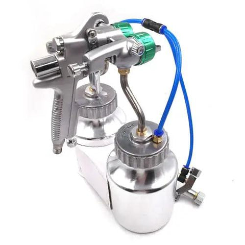 Heavy Duty Double Nozzle Pneumatic Spray Gun With Pressure Feed, dual head design with stainless frame and 1.3mm nozzles.