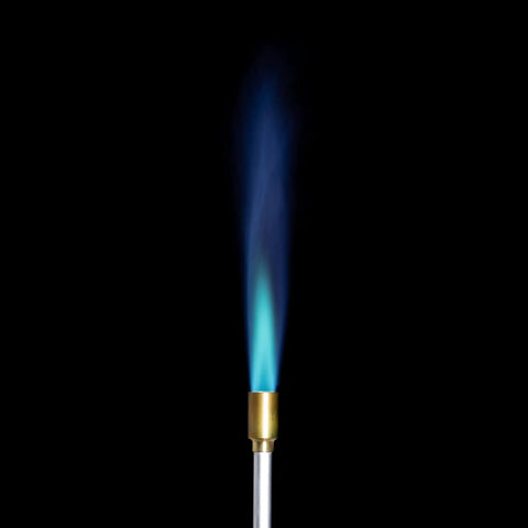 Self Igniting Outdoor Torch, 20,000 BTU High Output Flame, blue flame from nozzle against black background