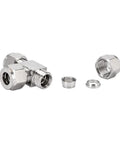 304 Stainless Steel Compression Tee Three Quarter Inch OD Three Way Connector Tube Fitting Pack Of 1 Beefy Built To Last Heavy Duty Leak Proof Ferrule Design For High Pressure Plumbing And Irrigation Systems, shown with ferrule parts