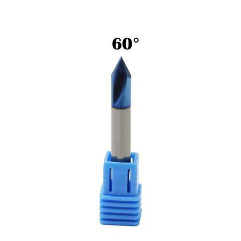 Heavy Duty 1/4 Inch Carbide Router Bit With Solid Nano Blue Coating For Angled V Groove And Chamfering On Hardwood And MDF Smooth High Speed Carving, 60 degree angle.