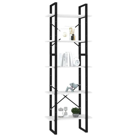 Five Tier White Bookcase Two Piece Set Built With Engineered Wood And Metal Frame For Modern Industrial Home Decor, side view