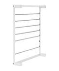 6 Rod Wall Mounted Wire Spool Rack Adjustable Cable Organizer for Garage Workshop, white iron construction with silver rods.