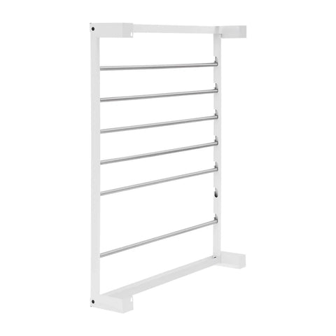 6 Rod Wall Mounted Wire Spool Rack Adjustable Cable Organizer for Garage Workshop, white iron construction with silver rods.