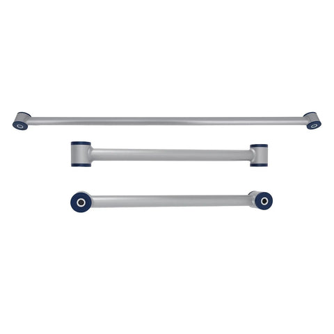 Rear Control Arm And Track Bar Kit For F-Body Camaro And Firebird 1982 To 2002 With Upgraded Polyurethane Bushings Heavy Duty Steel Construction Boosted Handling And Street Performance, three silver arms