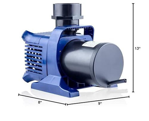 Blue submersible pond pump, 10300 GPH, front view for ponds and fountains
