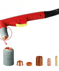 Durable PC0102 Outside Nozzle Shield Retaining Cap For P141 A141 And LT141 LTM141-A Plasma Cutting Torches close-up with various accessories.