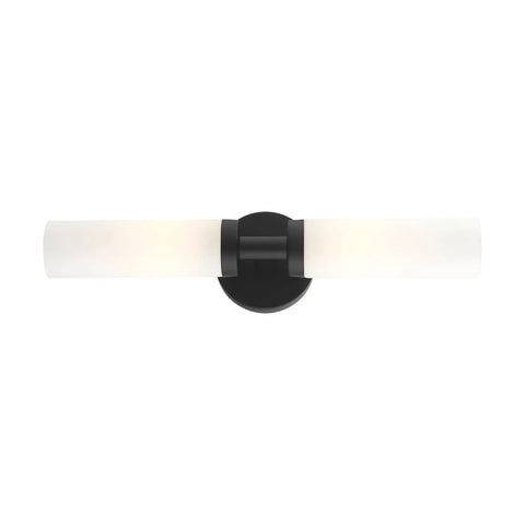 Two Light Slick Black ADA Vanity Light With Satin Opal Glass Cylinders From Aero Collection, Modern Bathroom Wall Sconce, Front View