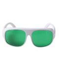 Top Shelf Laser Safety Glasses Offering Heavy Duty Wide Band Eye Protection Od3 Plus And Od5 Shielding For Red And Near Infrared Beams With Clear Optics, front view with green lenses.