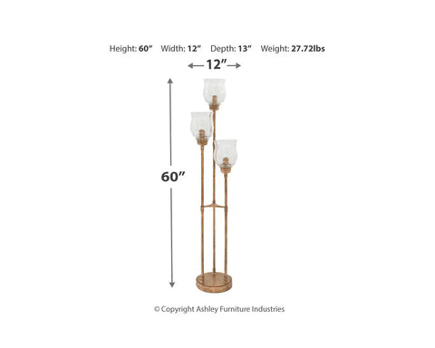 Emmie Traditional Floor Lamp With Adjustable Heights, Three Glass Shades, Antique Gold Finish, 60-inch dimensions shown