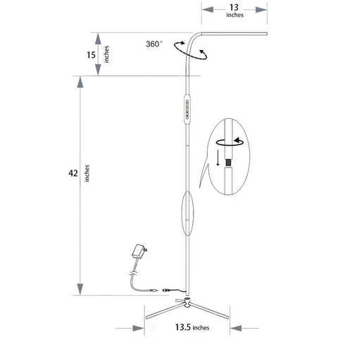 Diagram of Bright LED Floor Lamp With Adjustable Gooseneck For Eyelash Extensions And Tattooing, showing dimensions and features.