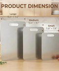 Front view of three stainless steel kitchen cutting boards in large, medium, and small sizes with built-in handles.