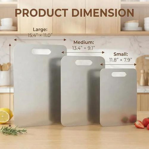 Front view of three stainless steel kitchen cutting boards in large, medium, and small sizes with built-in handles.