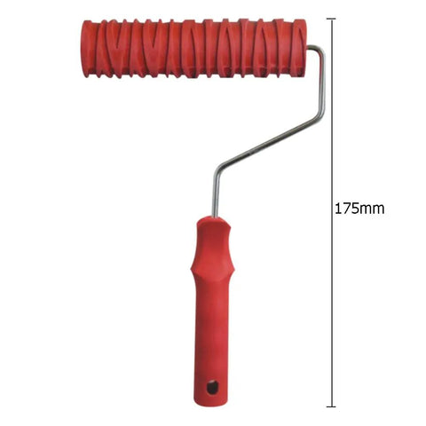 Solid 7 Inch Grain Pattern Rubber Paint Roller For Home Office Wall Decoration Tool, 175mm size with red handle and grain pattern.