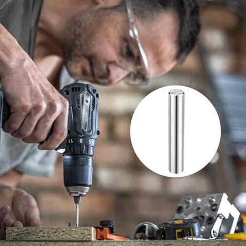 Man using a drill with inset of a 72 Pack 3 Mm Hardened Bearing Steel Alignment Pin for engineering and machinery assembly display.