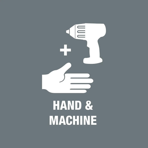 Icon of hand and drill with 'Hand & Machine' text, representing usage for Zyklop Style Half Inch Hex Socket 32mm Size 37mm Long Ball Intercept Ring Chrome Plated Finish for Precision Manual and Machine Work Go To Heavy Duty Socket Kit.