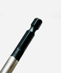 Heavy Duty Five Piece Wood Drill Bit Set With Four Flute Auger Design For Faster Chip Ejection And Smooth Clean Holes On Tough Lumber No Sweat Projects Guaranteed Badass Performance hex shank drill bit close-up view.