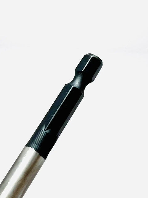 Heavy Duty Five Piece Wood Drill Bit Set With Four Flute Auger Design For Faster Chip Ejection And Smooth Clean Holes On Tough Lumber No Sweat Projects Guaranteed Badass Performance hex shank drill bit close-up view.