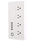 Rock Solid Wifi Smart Power Strip With Four Quick Charge Usb Ports And Voice Control Built Tough For Home And Office Plug And Play Energy Saving Compact Surge Protector featuring three outlets and four USB ports.