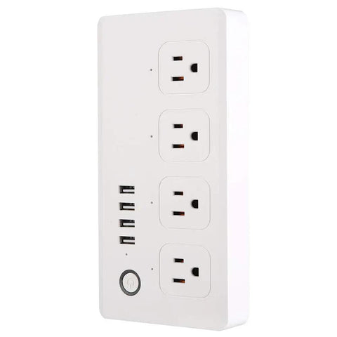 Rock Solid Wifi Smart Power Strip With Four Quick Charge Usb Ports And Voice Control Built Tough For Home And Office Plug And Play Energy Saving Compact Surge Protector featuring three outlets and four USB ports.
