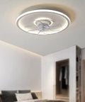 Modern Ceiling Fan With Light Featuring Ultra Silent Invisible Blades Stepless Dimming Switch Adjustable Airflow Smooth Operator Cooling For Bedroom in a contemporary setting.