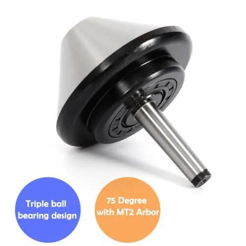 Bull Nose Live Center MT2 Morse Taper For Lathe 4.66 Inch Diameter 120mm 75 Degree shown with triple ball bearing design