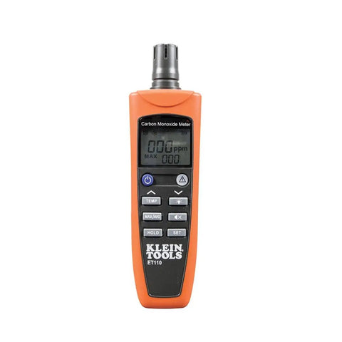 ET110 CO Meter And Carbon Monoxide Tester With Short Term Exposure Limit Alarm, orange hand-held detector with LCD and buttons