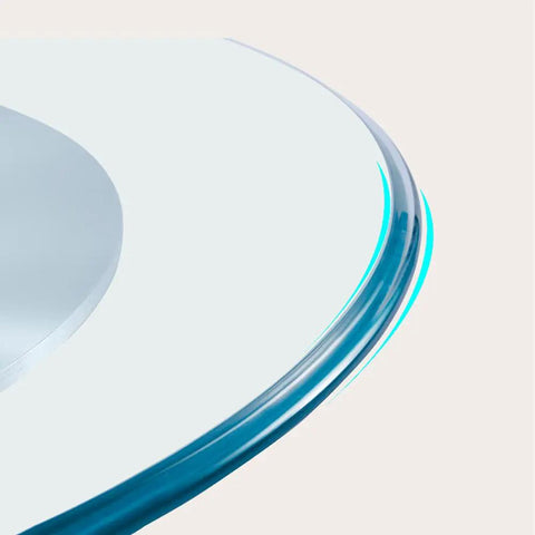 Close-up of Clear Glass Rotating Tray For Dining And Decor, 360 Degree Turntable Lazy Susan, focus on rounded tempered glass edge.