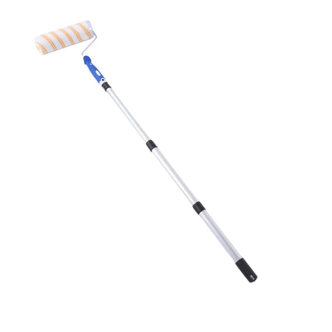 Kickass Drywall Finishing Kit With No Sweat Paint Roller, Stainless Steel Scraper And J Trowel, Flexible Putty Brush, Heavy Duty Mud Pan Plus Telescoping Extension Pole For Smooth Interior Walls - Telescoping paint roller with aluminum pole.