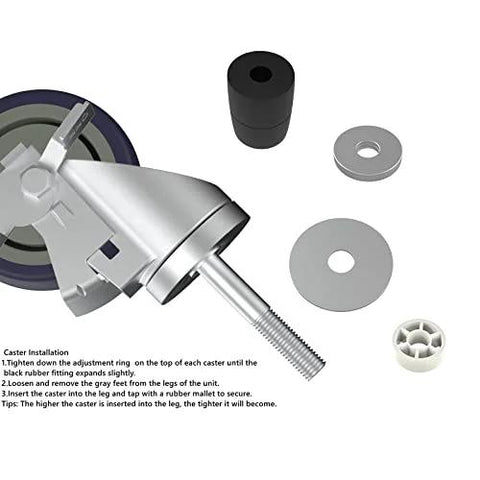 Front/angled view of OK5STAR 4-inch prep table caster with expanding stem and brake, plus mounting hardware