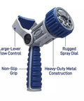 Heavy Duty Seven Pattern Firemans Hose Nozzle With Adjustable Pressure Rust Proof Yard Sprayer Tough As Nails for garden cleanup, showing large-lever flow control.