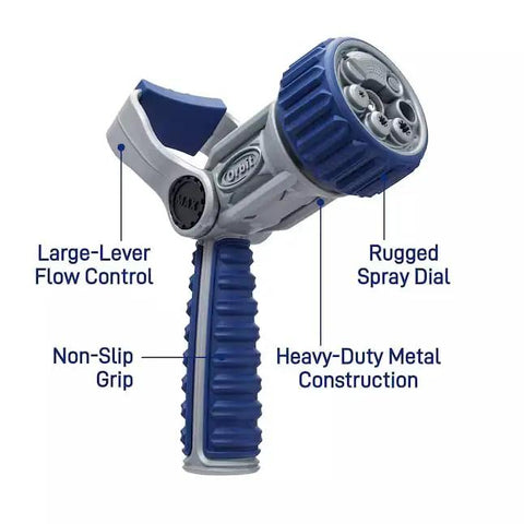 Heavy Duty Seven Pattern Firemans Hose Nozzle With Adjustable Pressure Rust Proof Yard Sprayer Tough As Nails for garden cleanup, showing large-lever flow control.