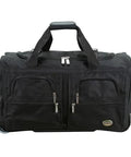 Rockland rolling black duffel bag, 22-inch, front view with two zippered pockets