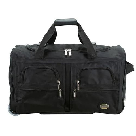 Rockland rolling black duffel bag, 22-inch, front view with two zippered pockets