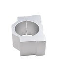 Hefty Aluminum Spindle Motor Mount And Rock Steady CNC Router Clamp Bracket For High Speed Engraving Milling Tool Featuring Bulky Four Screw Lockup Zero Shake Vibration Absorption In Glossy Silver, close-up view.