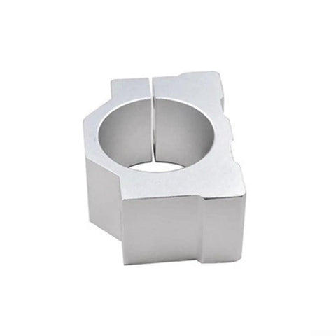 Hefty Aluminum Spindle Motor Mount And Rock Steady CNC Router Clamp Bracket For High Speed Engraving Milling Tool Featuring Bulky Four Screw Lockup Zero Shake Vibration Absorption In Glossy Silver, close-up view.
