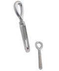 Rock Solid T316 Stainless Steel Eye Eye Turnbuckle Measuring One Point Five By Twelve Inches Featuring Drop Forged Construction Delivering Up To Seventeen Thousand Pounds Capacity Built Tough For Heavy Duty Rigging Jobs, showing two angles.