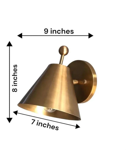 Handcrafted Brass Wall Sconce with Finial Vintage Hardwired Light, dimensions 9x8x7 inches, showcasing cone-shaped brass shade.