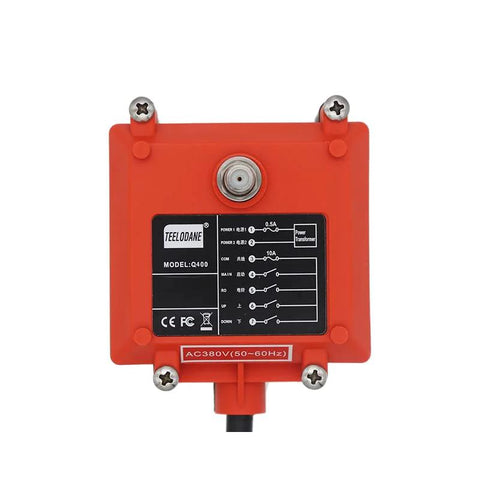 Q400 industrial wireless crane remote control receiver, red square enclosure with label and bottom cable connector