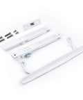 Flush Mount NonKeyed Sliding Glass Patio Door Lock Handle Set Fits One To One And One Eighth Inch Thick Doors With Six And Five Eighth Inch Hole Spacing Night Lock Hook Latch NonHanded White in disassembled view on white background