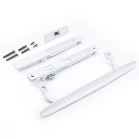 Flush Mount NonKeyed Sliding Glass Patio Door Lock Handle Set Fits One To One And One Eighth Inch Thick Doors With Six And Five Eighth Inch Hole Spacing Night Lock Hook Latch NonHanded White in disassembled view on white background