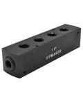 Aluminum Pencil Manifold 3/8 In FPT Inlet To 1/4 In FPT Outlets Rectangular Air Distribution Block, angled view