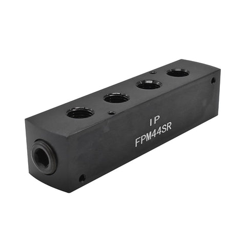 Aluminum Pencil Manifold 3/8 In FPT Inlet To 1/4 In FPT Outlets Rectangular Air Distribution Block, angled view
