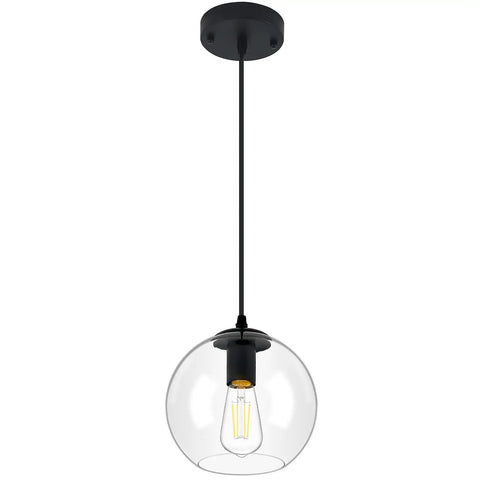 Industrial Farmhouse Globe Pendant Light Fixture With Adjustable Cord Black Hanging Ceiling Chandelier for kitchen island, clear glass globe shade