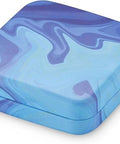 Tin box with blue marble pattern and hinged lid, angled view