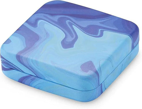 Tin box with blue marble pattern and hinged lid, angled view