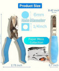 Blue One Circle Hole Punch With Soft Grip Handheld Paper Punch dimensions shown with blue handles and product size details.