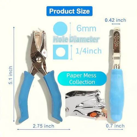 Blue One Circle Hole Punch With Soft Grip Handheld Paper Punch dimensions shown with blue handles and product size details.