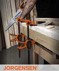 Jorgensen 2-pack 12-inch ratchet bar clamps with orange handles and E-Z Hold spreader, front view